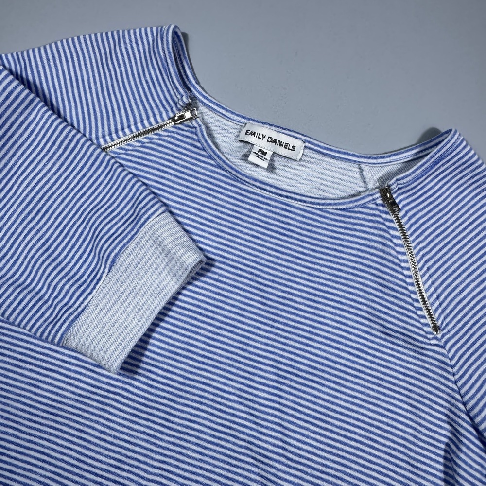 Emily Daniels Petite Blue White Striped Shoulder Zip‎ Sweatshirt PM French Terry